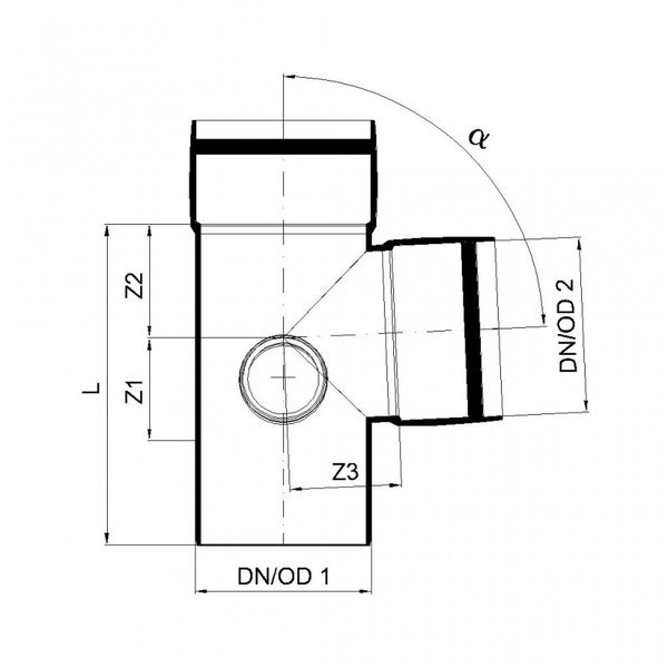 Technische Zeichnung eines Abzweigs für Kunststoffrohre mit Maßangaben für Länge, Durchmesser und Winkel.