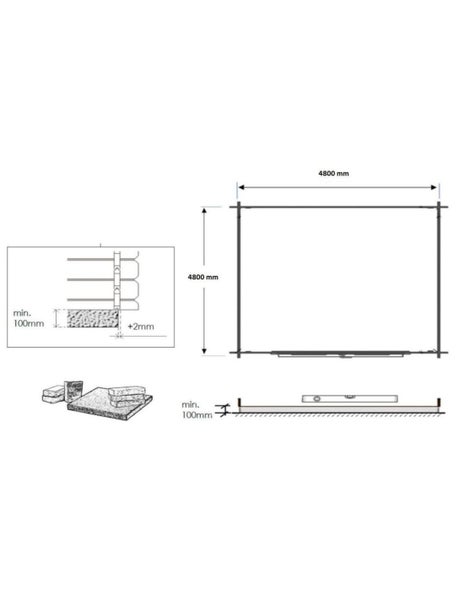 Technische Zeichnung mit Montageanleitung für ein Gartenhaus mit Fundamentplan und Maßangaben von 4800 mm mal 4800 mm für den Aufbau.