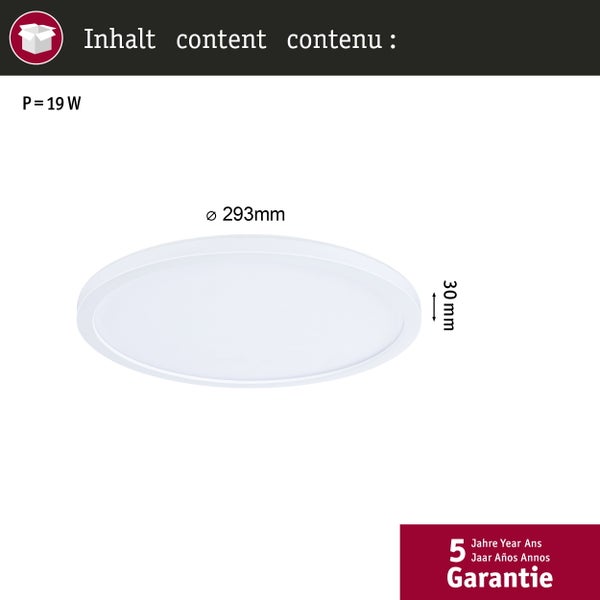 Runde LED Deckenleuchte mit 293 Millimeter Durchmesser, 30 Millimeter Höhe, 19 Watt Leistung und 5 Jahren Garantie.