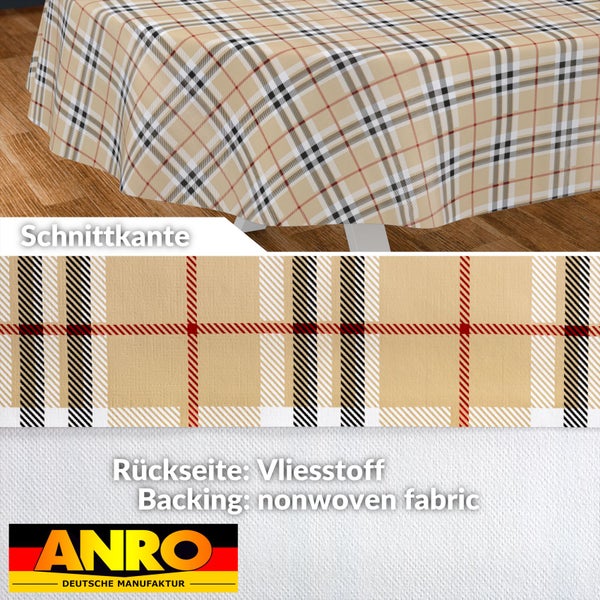 Wachstuch-Tischdecke mit Karomuster, Vliesrückseite und Schnittkante. ANRO Deutsche Manufaktur Logo.