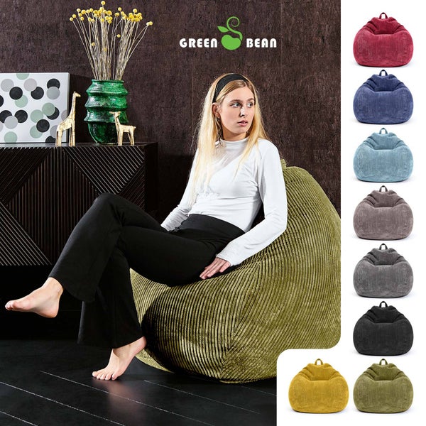 Green Bean Indoor Sitzsack 90x110cm EPS-Perlen Füllung & Cordstoff Kuschelig Weich Waschbar - Drinnen Bodenkissen Liegekissen Sitzkissen Sitzhocker Relax-Sessel Kinder Erwachsene Stoff Grün
