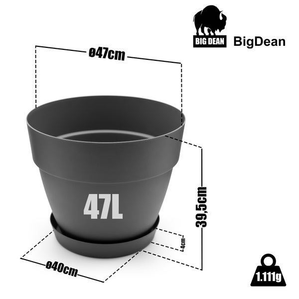 BigDean 3 Stück Blumentopf mit Untersetzer rund ø47 cm in Anthrazit – Übertopf innen + außen geeignet – aus bruchsicherem Kunststoff & Made in Europe