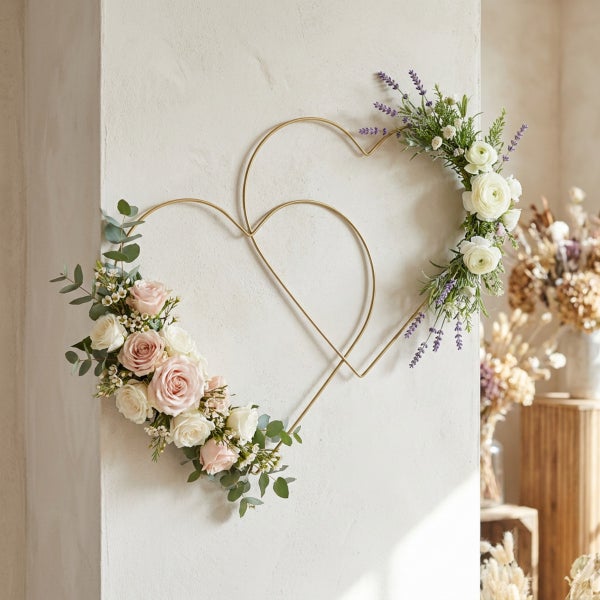 Dekorativer doppelter Herzrahmen aus Metall mit künstlichen Rosen und Lavendel als Wanddekoration.