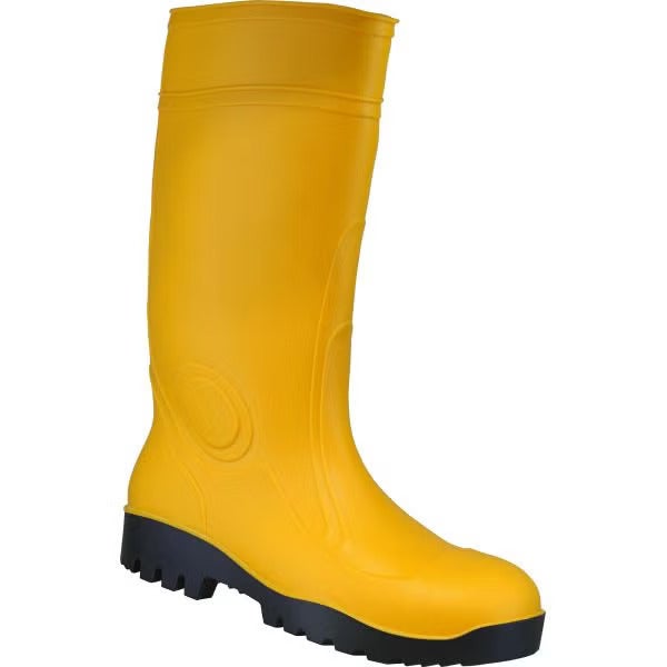 Gelber Gummistiefel mit schwarzer Profilsohle.