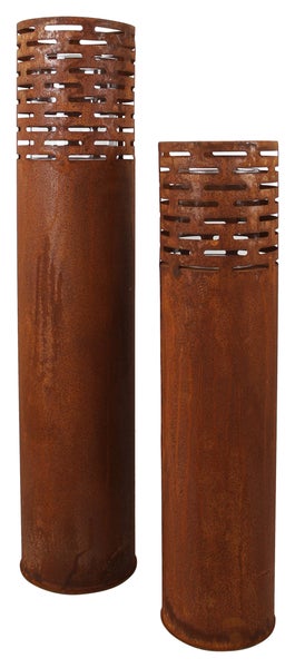 FRANK FLECHTWAREN | Windlicht Rost-Säule, 2er Set, METALL, Ø 19 x 75 cm, Ø 21 x 95 cm, Glas Ø 13 x 14 cm, Ø 15 x 17 cm