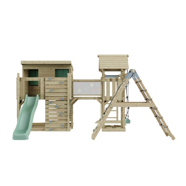 Spielturm mit Rutsche, Kletterwand, Schaukel und Tafel für den Garten