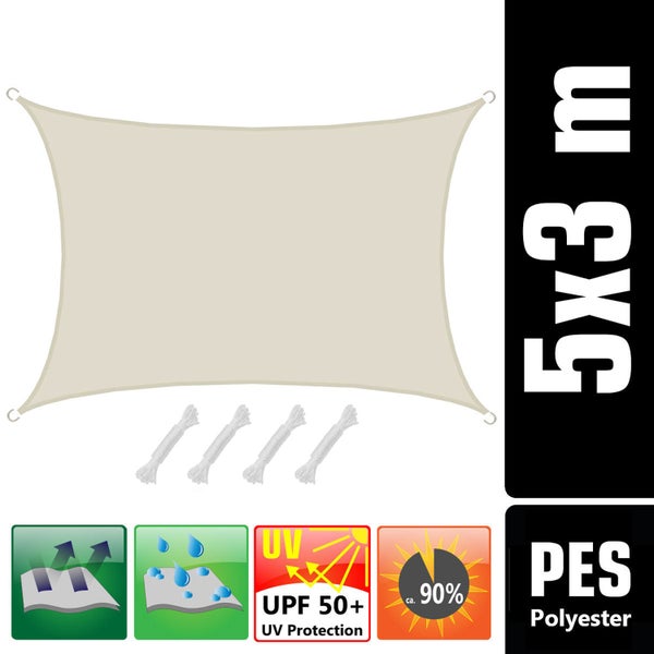 AMANKA 3x5m Sonnensegel Rechteckig Wasserdicht - Rechteck Sonnenschutz Segel mit Befestigung - Beige
