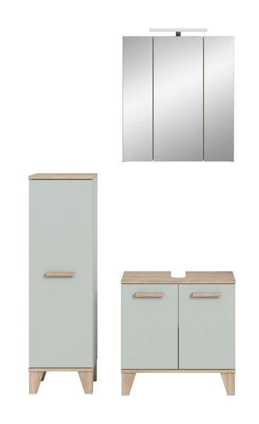 Badezimmermöbel Set bestehend aus einem Spiegelschrank, einem Hochschrank und einem Waschtischunterschrank in modernem Design mit Holzoptik.