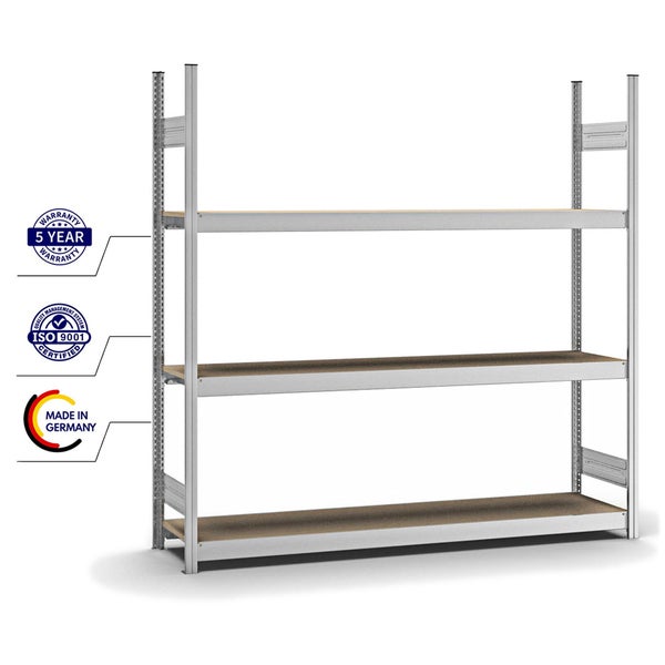 PROREGAL Weitspannregal Stecksystem T-Profil Grundregal HxBxT 200x200x40 cm 3 Ebenen Spanplatten Fachboden Fachlast 350 kg Verzinkt