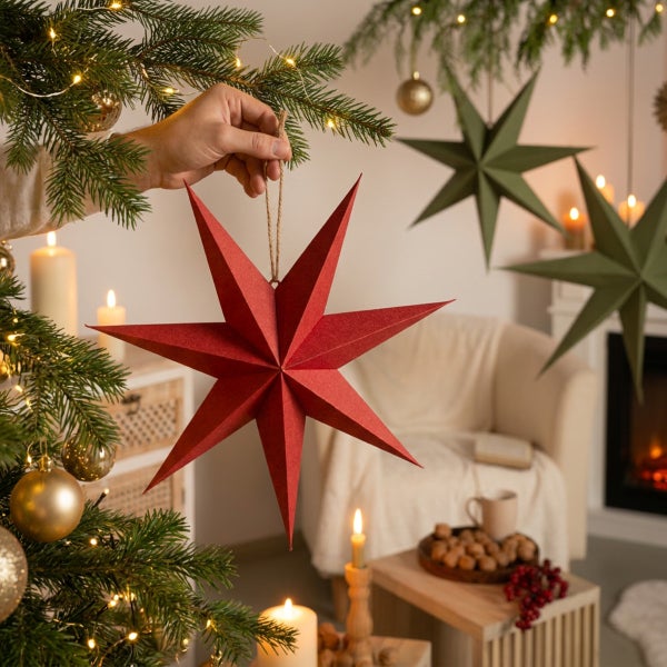 Hand hält einen dekorativen Papierstern in weihnachtlicher Wohnzimmerumgebung mit Tannenbaum und Kaminfeuer.