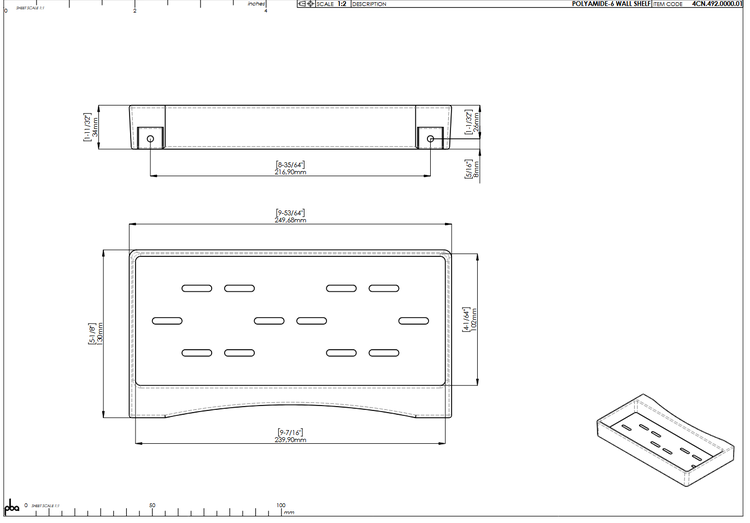 Technische Zeichnung einer Wandablage aus Polyamid-6 mit Maßangaben in Millimeter