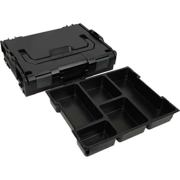 Schwarze Werkzeugbox L-BOXX aus Kunststoff mit einem herausnehmbaren Einsatz für Kleinteile.