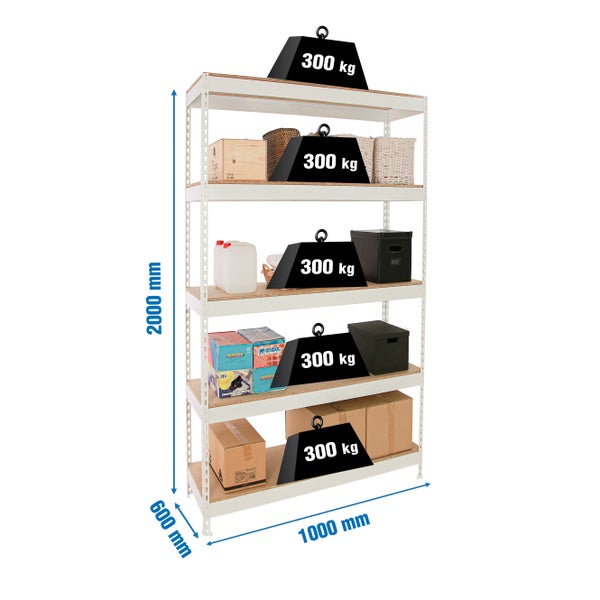 PROREGAL Schwerlastregal Wood Yeti Light Five HxBxT 200x100x60 cm Fachlast 300 kg Weiß
