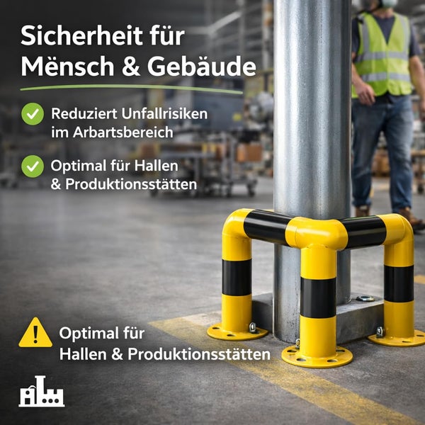 Gelb-schwarzer Säulenschutz aus Stahl in einer Industriehalle zum Schutz von Stützen vor Anfahrschäden.