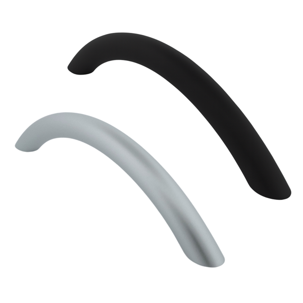 Zwei gebogene Möbelgriffe, einer schwarz, einer silberfarben