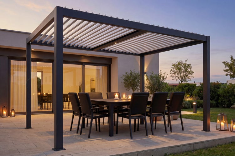 Szene mit einer Terrassenüberdachung mit Lamellendach, einem Tisch und Stühlen im Außenbereich.