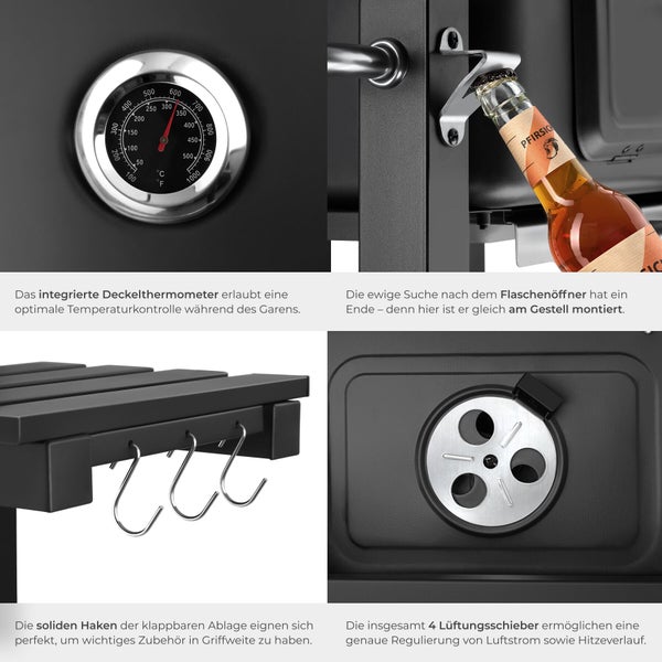 Details eines Grills mit Deckelthermometer, Flaschenöffner am Gestell, Besteckhaken an der Ablage und Lüftungsschieber.