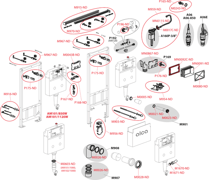 Technische Zeichnung von Ersatzteilen für Toiletten-Vorwandelemente und Spülkästen mit Kennzeichnungen für Dichtungen und Rohre. Alca Logo.