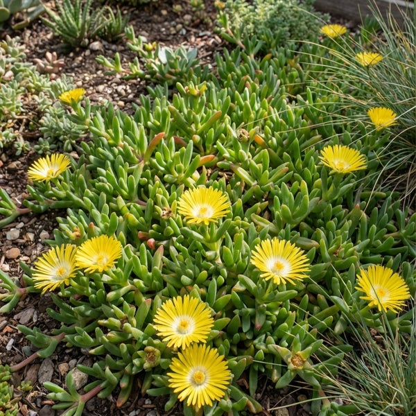Gelb blühende Mittagsblume Delosperma als Bodendecker im Gartenbeet.