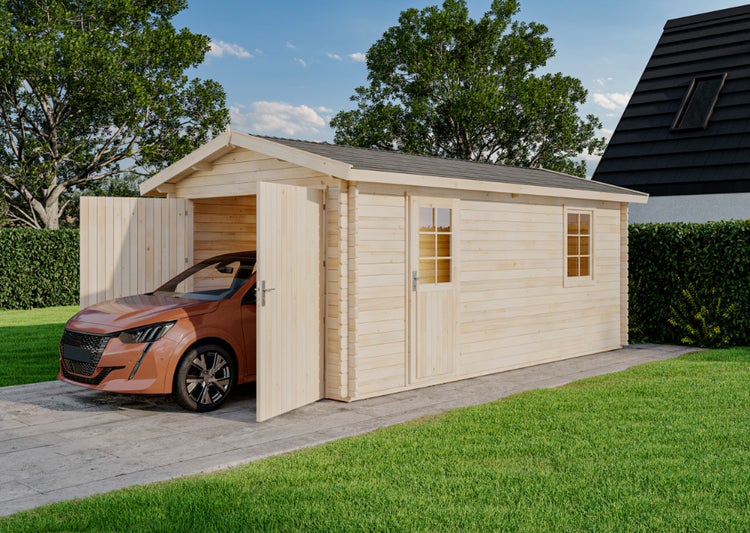Holzgarage mit Auto auf einem Rasen