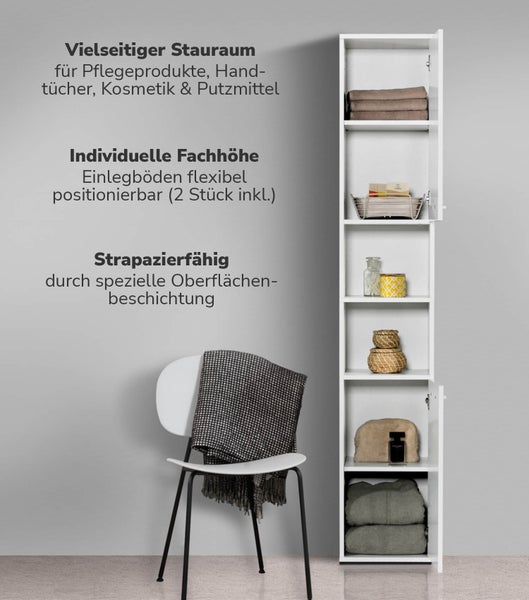 Weißer Badezimmer Hochschrank mit offenen Regalen und Made in Germany Siegel.