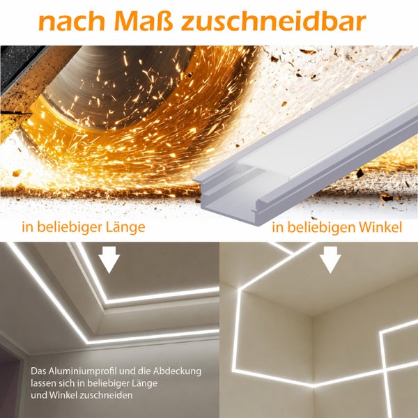 Aluminiumprofil für LED Streifen individuell zuschneidbar für Decken und Wandeinbau mit Diffusor Abdeckung zur Beleuchtung.