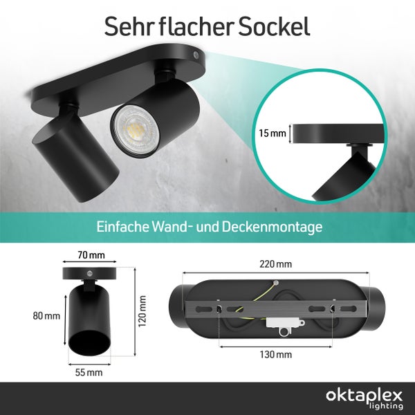 Schwarzer 2-flammiger Deckenstrahler mit Abmessungen 220 mal 120 Millimeter und 15 Millimeter flachem Sockel. oktaplex lighting Logo.