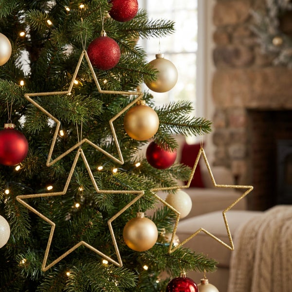 Geschmückter Weihnachtsbaum mit goldenen Sternen, roten und goldenen Weihnachtskugeln und Lichterkette in einem Wohnzimmer.