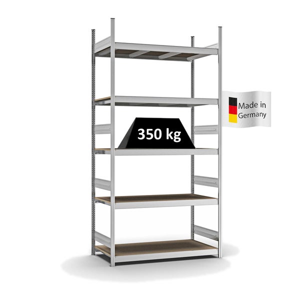 PROREGAL Weitspannregal Stecksystem T-Profil Grundregal HxBxT 300x150x60 cm 5 Ebenen Spanplatten Fachboden Fachlast 350 kg Verzinkt