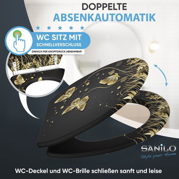 Sanilo WC Sitz mit Absenkautomatik und Schnellverschluss mit Schmetterlingsmotiv in modernem Design.