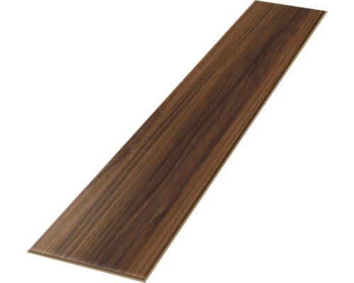 Einzelne Laminatdiele in dunkler Holzoptik mit Nussbaum-Maserung und Klick-System.