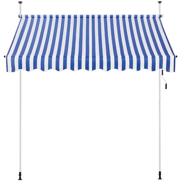 Markise mit blau-weissen Streifen und Stützpfosten