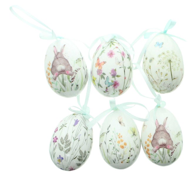 Sechs dekorative Ostereier mit verschiedenen Ostermotiven und Schleifen zum Aufhängen