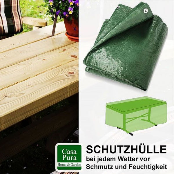 Casa Pura Logo, grüne Schutzhülle für Gartentische aus wetterfestem Material mit Ösen, schützt vor Schmutz und Feuchtigkeit.