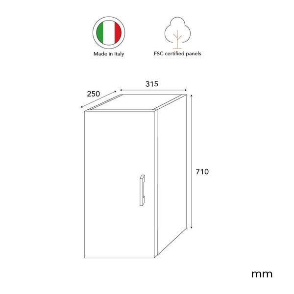 Technische Zeichnung eines Hängeschranks mit Maßangaben in Millimetern, Herkunft Italien und FSC zertifizierte Platten.