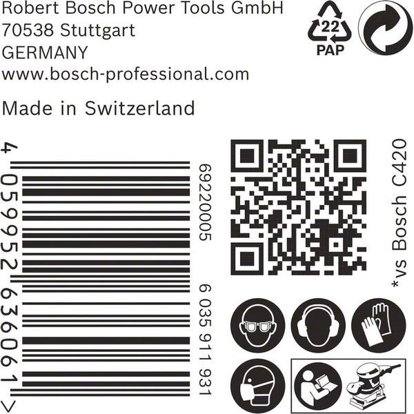 Informationen zu Robert Bosch Power Tools GmbH, Papierverpackung, Barcode, QR Code und Sicherheitshinweise