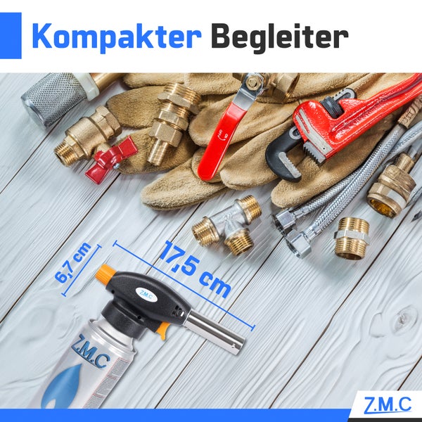 Z.M.C Gasbrenner + 8x Gaskartuschen 227g, Flambierbrenner Temperatur bis zu 1300°C, Schweißbrenner mit Piezo-Zündung, Bunsenbrenner Lötbrenner 1,3 KW, Brenneraufsatz mit einstellbarer Flamme
