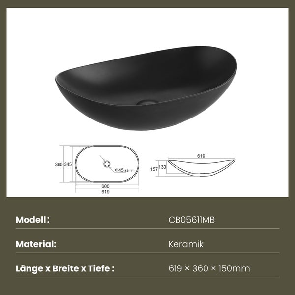 EMKE Aufsatzwaschbecken 615 × 360 mm, Oval, Keramik Waschbecken ohne Hahnloch, für hohe Armaturen, für Badezimmer, Matt Schwarz, Höhe: 155 mm, Modernes Design, Kratzfest, Fleckenresistent, Pflegeleicht