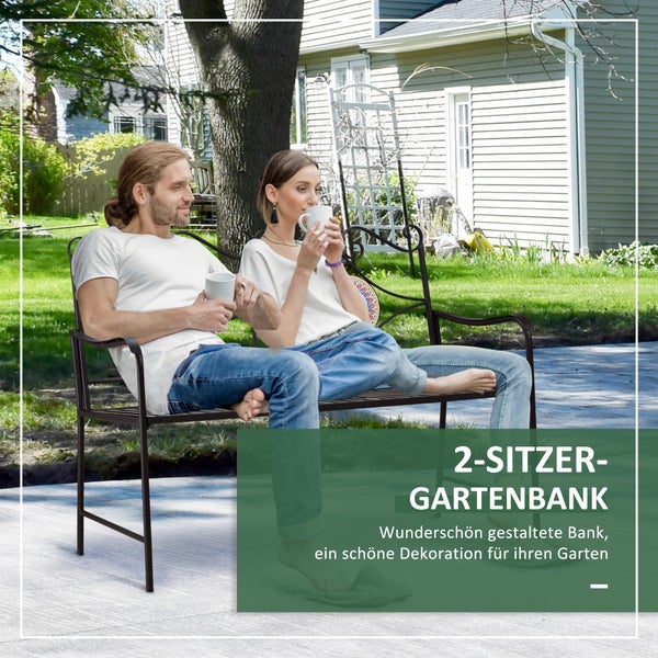 Outsunny Gartenbank, 2-Sitzer Parkbank mit Rückenlehne, 121 x 52 x 93 cm, Eisen, Stein, Braun