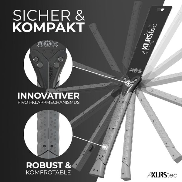 KLRStec PRO XL Japansäge – Beidseitig gezahntes Sägeblatt [240mm] aus Karbonstahl – Klappbare Zugsäge mit rutschfestem TPU-Griff – Präzises Arbeiten auf Zug für Holz & Kunststoff