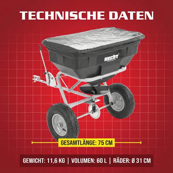 Hecht Streuwagen mit einem Fassungsvermögen von 60 Litern und einer Gesamtlaenge von 75 Zentimetern