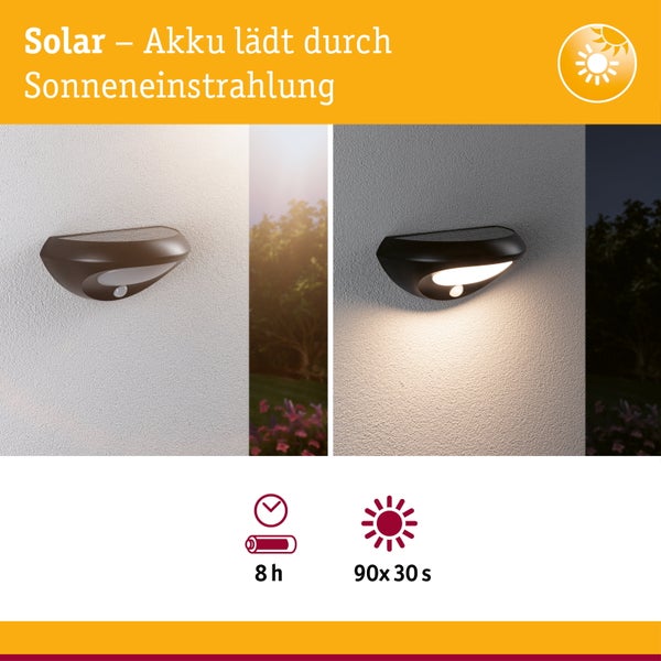 Solar-Außenwandleuchte mit Bewegungsmelder bei Tag und Nacht. Zeigt acht Stunden Akkulaufzeit und 90 Schaltungen zu je 30 Sekunden.
