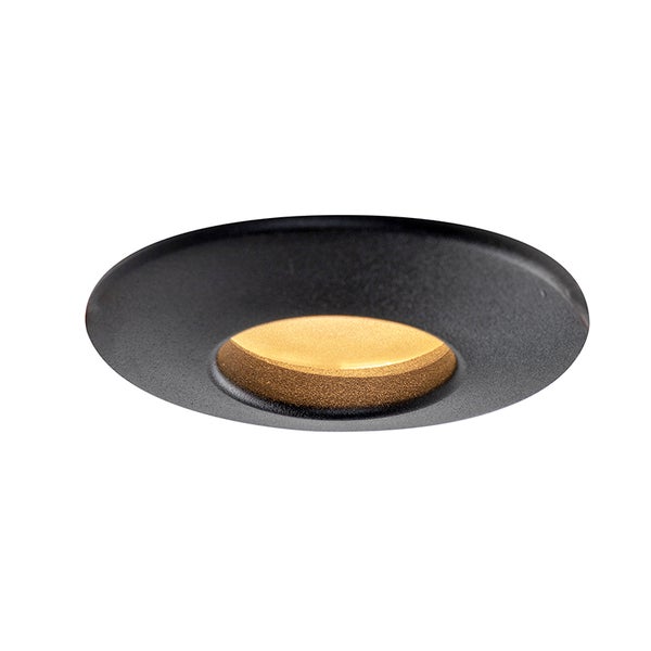 Moderner runder Einbaustrahler in Schwarz und Gold mit strukturierter Oberfläche in der Mitte.