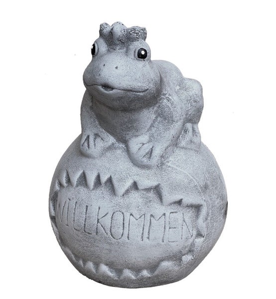Gartendekoration Frosch auf einer Kugel mit Willkommen Schriftzug aus Steinguss für den Außenbereich