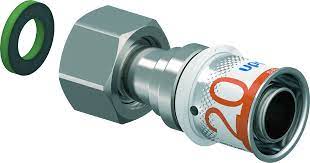 Pressfitting-Verschraubung mit Überwurfmutter, flacher Dichtung und Uponor Logo.