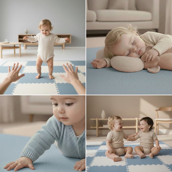 Collage von vier Bildern mit Kleinkindern auf einer blau-weiß karierten Puzzlematte aus Schaumstoff in einem hellen Wohnraum.