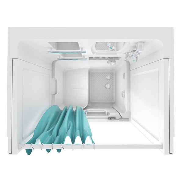 Draufsicht auf ein kompaktes, organisiertes Fertigbad-Modul mit Dusche, Waschbecken, Toilette, Haltegriffen und Duschvorhang.