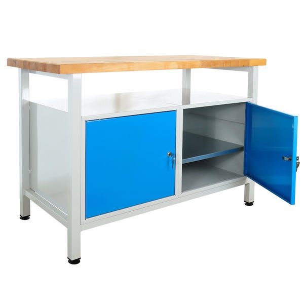 PROREGAL Werkbank Rhino mit Ablagefläche 2 Türen HxBxT 84 x 120 x 60 cm Traglast 300 kg Lichtgrau Blau