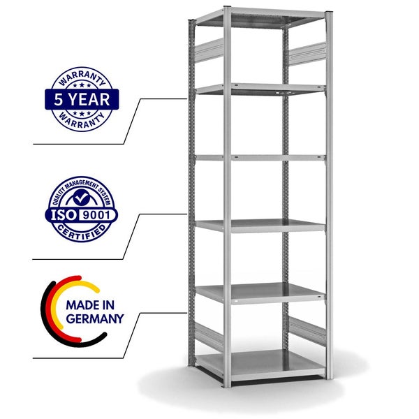 PROREGAL Fachbodenregal Stecksystem T-Profil Light-Duty Grundregal HxBxT 250 x 75 x 60 cm 6 Ebenen Fachlast 140 kg Beidseitig Nutzbar Verzinkt