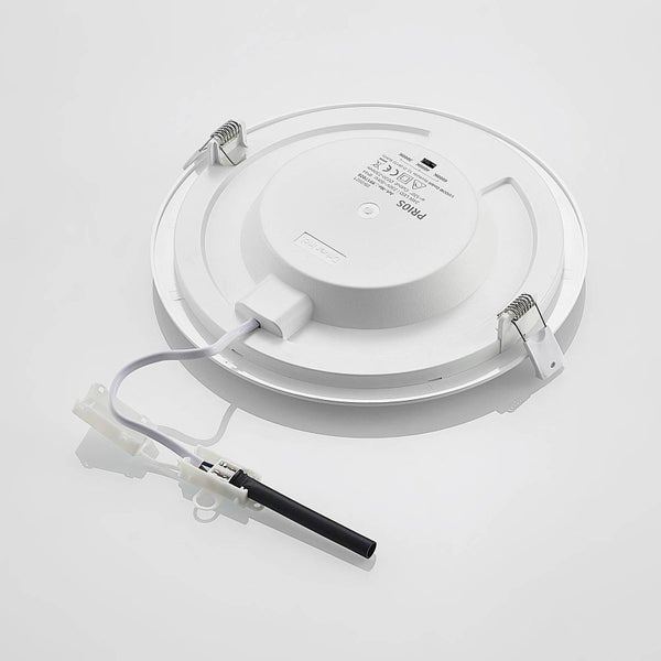 Rückansicht eines runden Prios LED-Einbaupanels mit Montageklammern und Anschlusskabel.